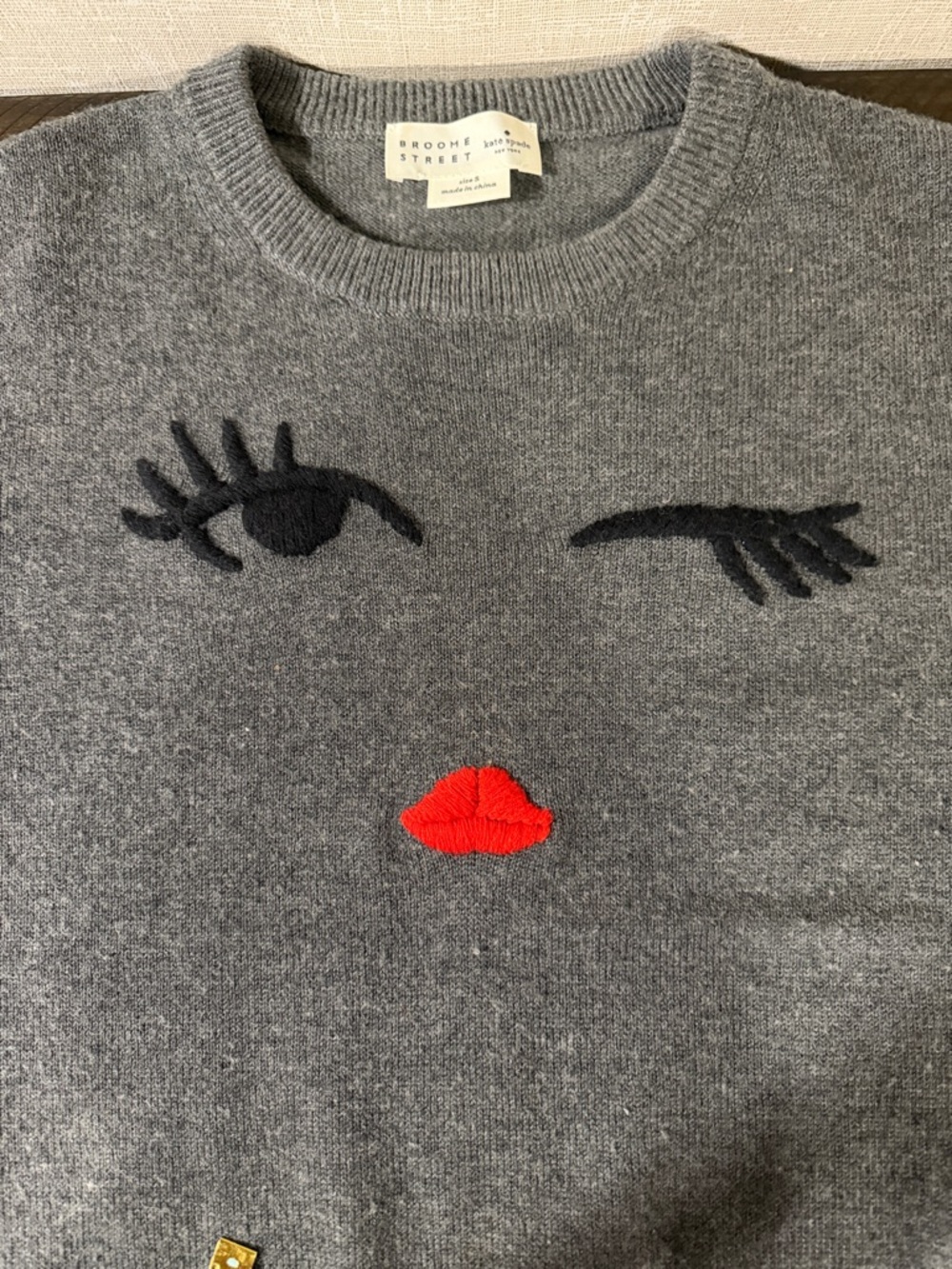 Kate Spade Broome Street Gray Crewneck Sweater with Black Winking Eye - Picture 4 of 7